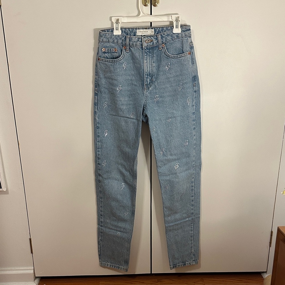 Topshop Light Blue Straight Jeans with Embroidered Lightning Bolts